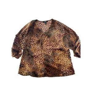 Nine West Jeans Leopard Print V Neck Tie Front Long Sleeve Women's Blouse Top M